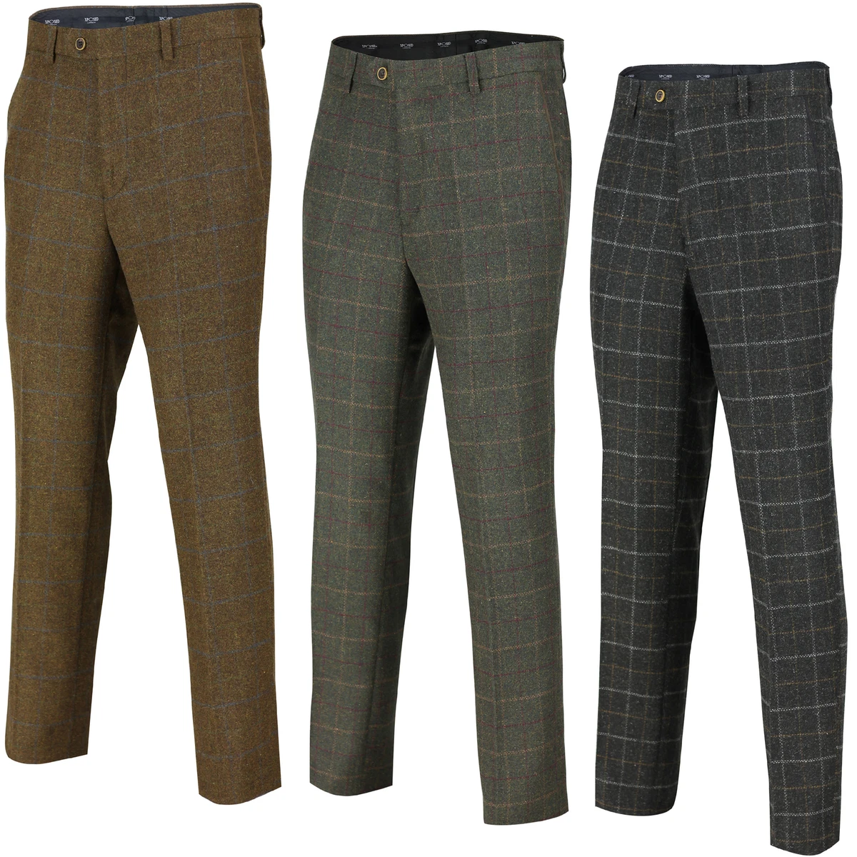 Mens Tweed Trousers Vintage Herringbone Checks Slim Fit Grey Brown Green  Pants