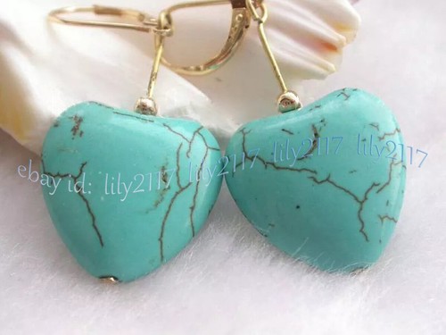 18mm Natural Blue Turquoise Heart Shaped Gemstone Beads Dangle Earrings - Picture 4 of 6