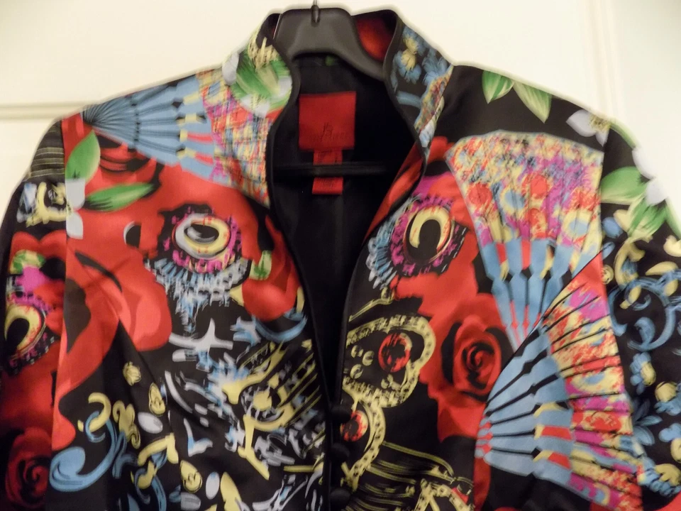 JS Collections BOLD Black Red Jacket Silk Oriental Asian Floral Mandarin Tie 6 - Image 4 of 4