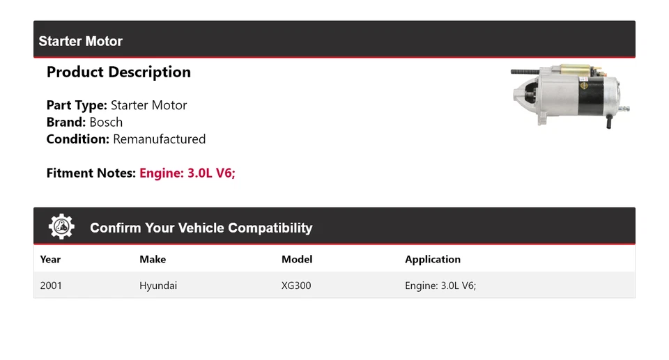 Para Hyundai XG300 2001 3,0 L V6 arranque Bosch (remanufacturado) Foto 2 de 4