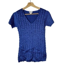 Jaclyn Smith Royal Blue Popcorn V-Neck Short Sleeve Top S