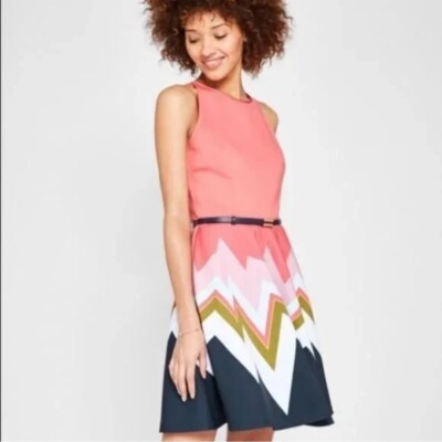 Ted Baker London Dress Women 4 Coral Navy Party Event Fit Flare Scuba Preppy