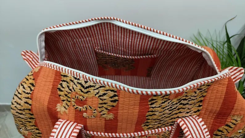 Indian Orange Tiger Cotton Quilted Duffle Bag Women's Bags Travels Bag US