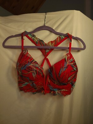 Victoria's Secret Date Push Up Large V Plunge Racerback Red Blue Lace Padded 