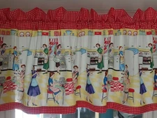 1950's RETRO Kitchen Valances, "Home Ec", Women Working In Aprons In Kitchen Red