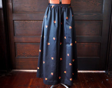VTG 70s Handmade Black Satin Floral Pockets Pleated Party Summer Maxi Skirt Sz M