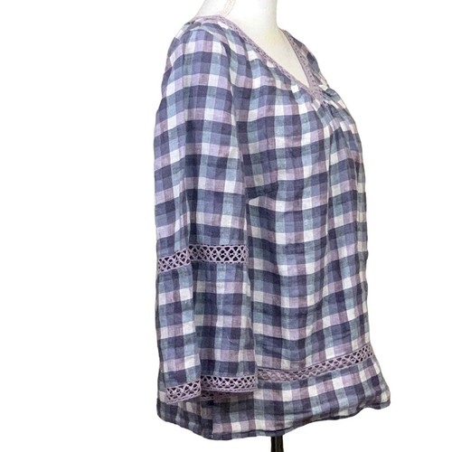 Chico's lavender/white plaid linen tunic, lace, flared sleeves, 1 or 8/10 - Picture 2 of 7