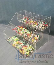 Espositore contenitore porta caramelle in plexiglass a 3 alzate, 9 tasche