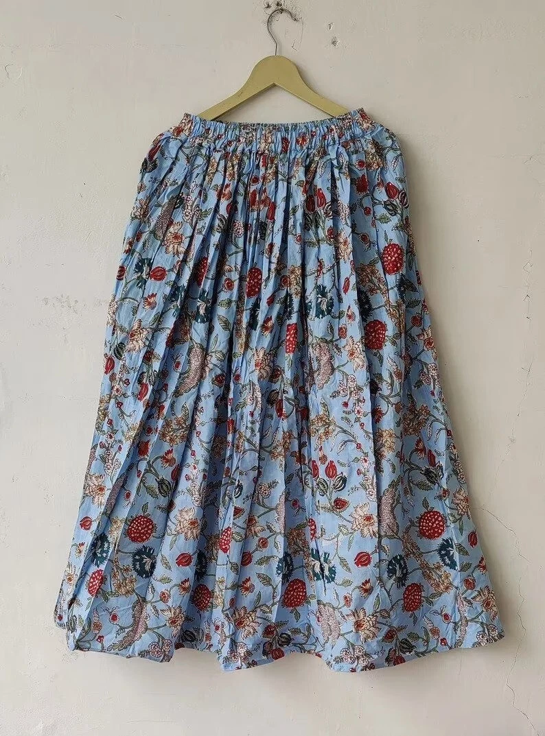 Indian Sky Floral Handmade Cotton Long Skirt Womens Clothing Partywear skirt US