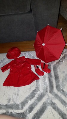 American Girl Style Doll Red Raincoat, Hat, Umbrella Rain Boots