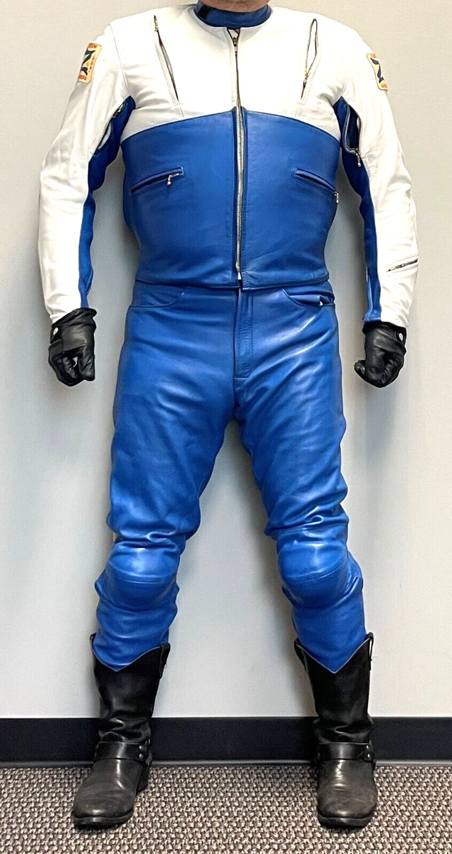 Z Custom Leather USA Blue White Leather Suit Jacket 44 Pants 34