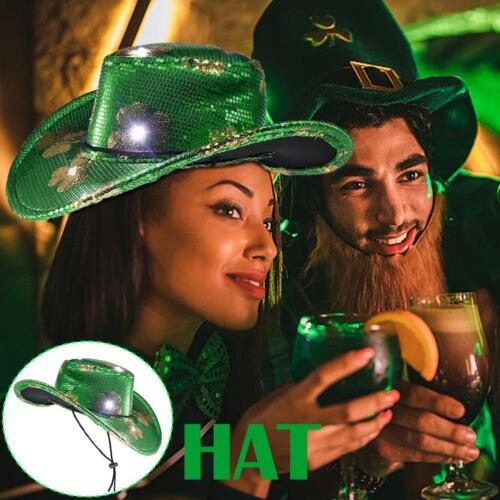 Green and Gold Shamrock St Patrick's Day Cowboy Hat L7K1 - Afbeelding 1 van 8