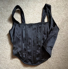 Missguided Black Satin Boned Bustier Corset Top Front Zip Wide Strap Size S
