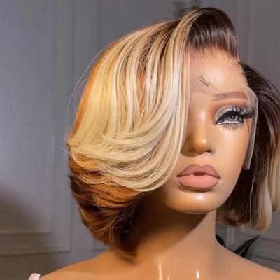 Raw Vietnamese SDD Layered Cut Lace Front Glueless Bob Wig 250% 613/Brown