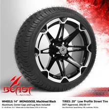 GOLF CART 14" BLACK MONGOOSE WHEELS and 205/30-14 DOT LOW PROFILE TIRES x4