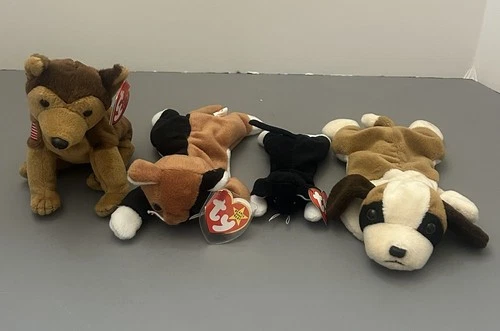 TY Beanie Baby Babies Mixed Cat/Dog Plush Courage Chip Bernie Zip Lot of 4 VTG