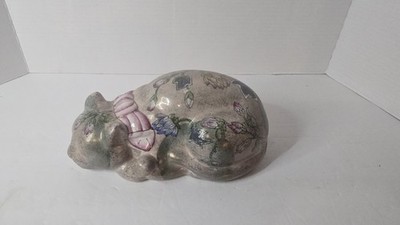 VTG  Hand Painted Porcelain Sleeping Cat Figurine Floral Oriental Accents China