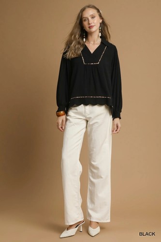 Umgee Full Size Linen Scallop Hem Blouse with Contrast Trim Plus Size - Picture 4 of 16