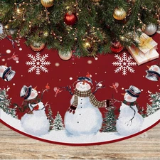 Snowman Christmas Tree Skirt 48 Inches Red Snowflake Tree Mat Holiday Decoration