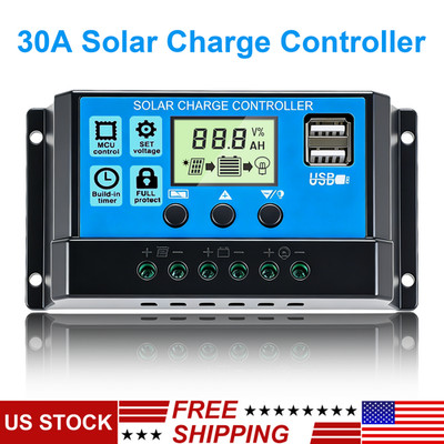 30A Solar Panel Battery Charger Controller 12V/24V LCD Regulator Auto with USB