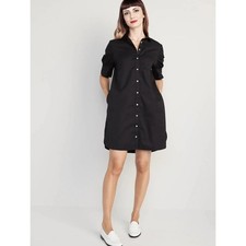 Old Navy Black Puff-Sleeve Cotton-Poplin Oversize Shirt Dress Size XL