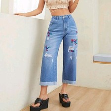 Fashion Embroidery Loose Jeans Wide Leg High Waist Cropped Pants Casual Size 30