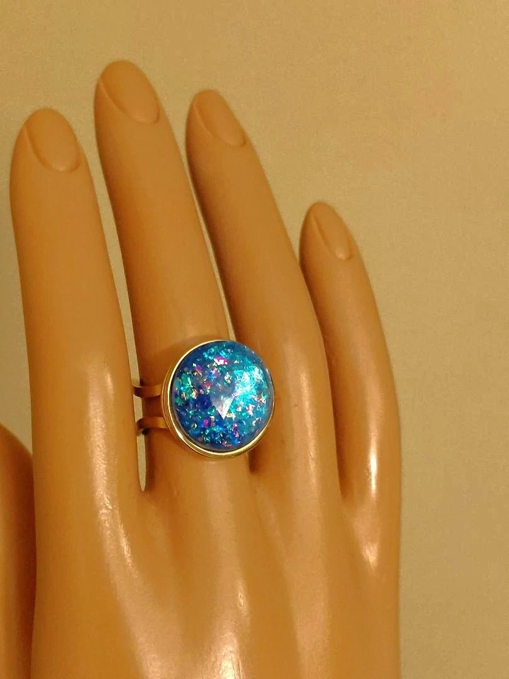 Opal Ring Ice Blue Topaz Resin Opal Ring 18-KT GP or Silver Stainless-Steel - Image 3 of 4