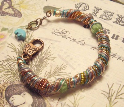 Green Mix Wire Wrapped Bracelet #159. One of a Kind