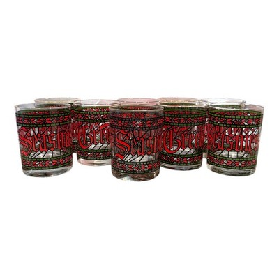9  VTG 70s Houze Season's Greetings Merry Christmas Stained Glass Cocktail Glass