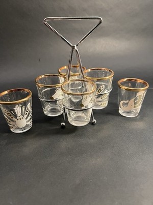 Jonathan Adler 6 Glasses! Vintage Shot Glass Set W Carrier, 2 Xtra Glasses! MCM