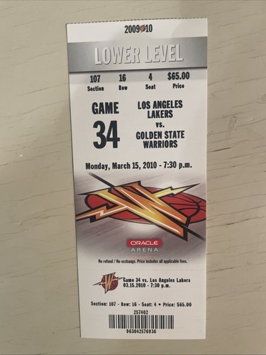 LA Lakers @ Warriors Tickets Stub 03/15/2010 Steph Curry Rookie Year Kobe Bryant