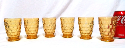 6 PC VINTAGE AMBER GLASS THUMBPRINT TUMBLERS 4'' 6 OZ,  MINT