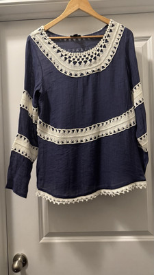 Curations Womens Peasant Blouse Long Sleeve Blue White Medium