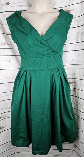 Emily & Finn Florence Midi Dress XL Green Fit & Flare Pockets Pleated Retro