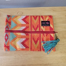 Makeup Junkie Bag Lot Aztec Print Cosmetic Bag Lg  Med Orange Red Teal Tassel