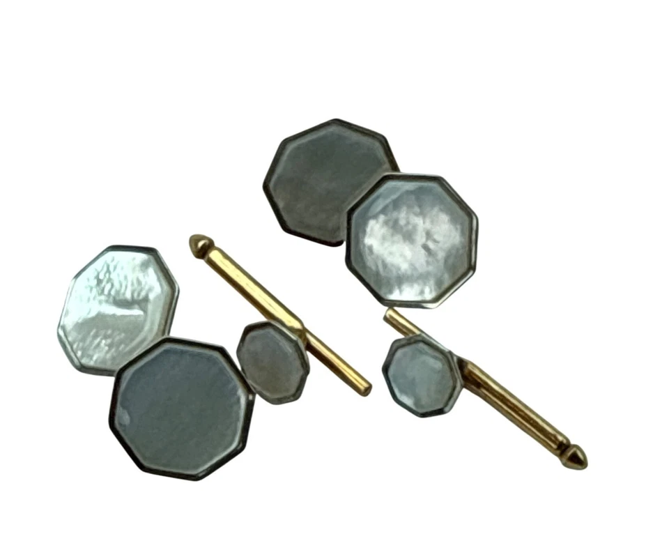 Conjunto de abotoaduras octógono folheadas a ouro Swank madrepérola vintage formal - Imagem 2 de 4