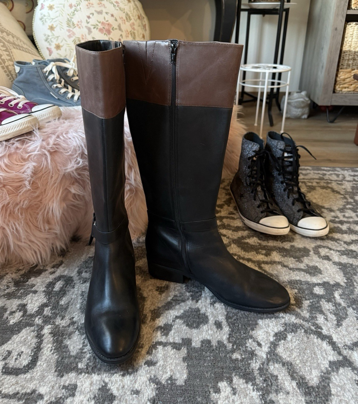 Lauren Ralph Lauren Black/Brown Leather Knee High Riding Boots Buckle 10B