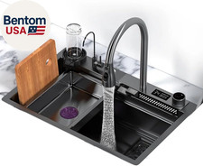 Black 304 Stainless Steel Kitchen Sink with Digital Display Faucet, Waterfall Ba