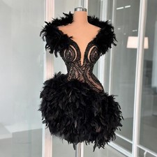 Fashion Black Short Cocktail Dresses Mini Prom Dresses with Feathers Dance Gowns