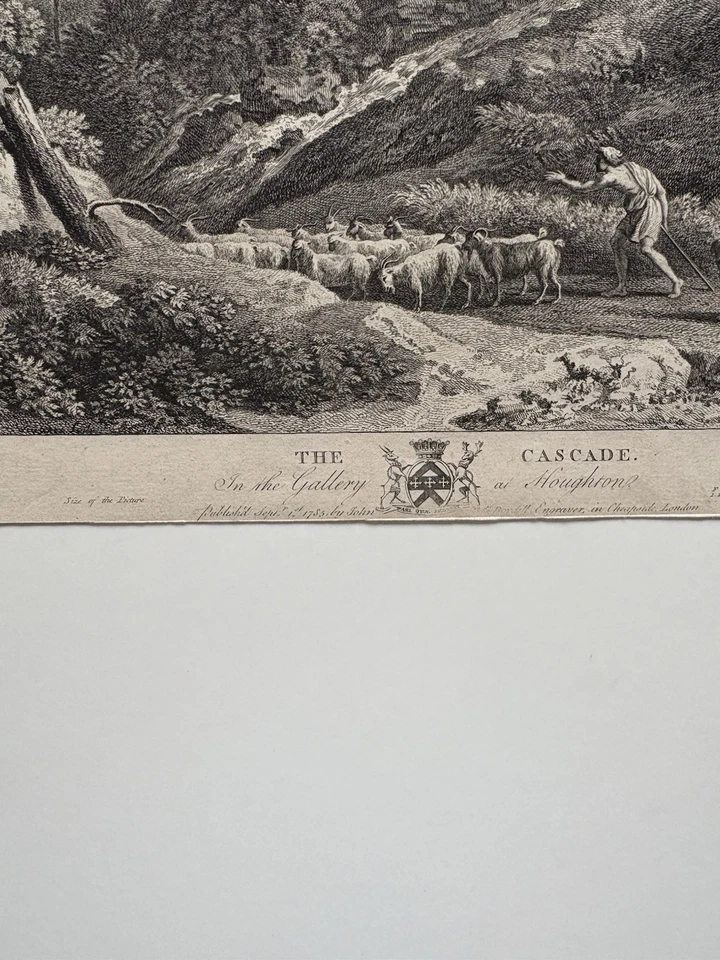 Paisagem italiana gravura antiga com uma cascata um pastor e seu rebanho 1783 - Imagem 3 de 4