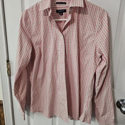 Lands' End No Iron Pinpoint Oxford Plaid Button Down Shirt Pink Beige Sz 12 Prep