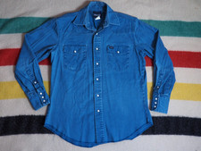 VTG 90s Wrangler Faded Blue Heavy Cotton Western Cowboy Pearl Snap Shirt Mens M