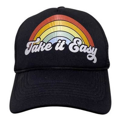   ''TAKE IT EASY'' RAINBOW BLACK FOAM MESH SNAP BACK ADJUSTABLE TRUCKER HAT CAP