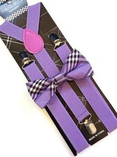 New Lavender Purple Tartan Plaid Bowtie Suspender set Tuxedo Formal Men's USA