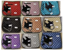 Glittery Horse English Saddle Pad Set with Matching Fly Bonnet/Veil Ear Net Mask