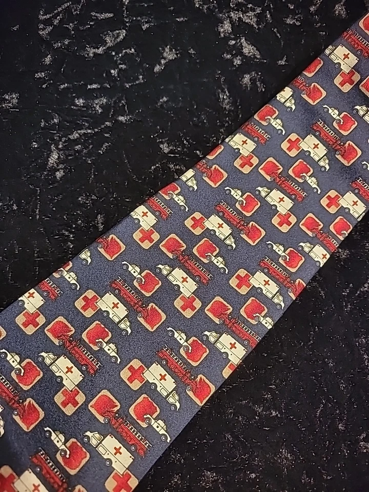 Vintage Tie Tree Mens Neck Tie Blue Red Ambulance Firefighter First Responder - Image 3 of 4