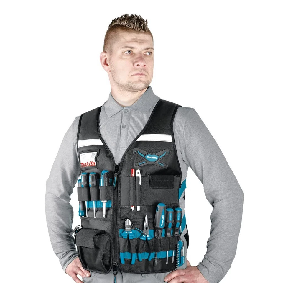 Makita Work Vest Adjustable Pockets Tool Bag, ‎Black/Blue - Image 2 of 2
