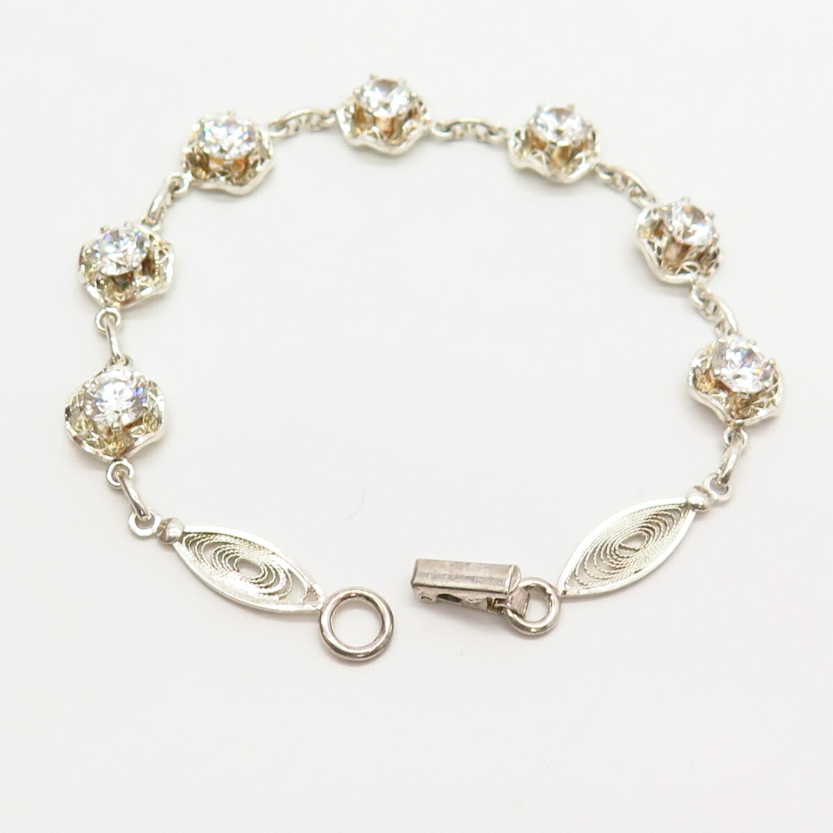 925 Sterling Silver C Z Floral Station Link Bracelet 7