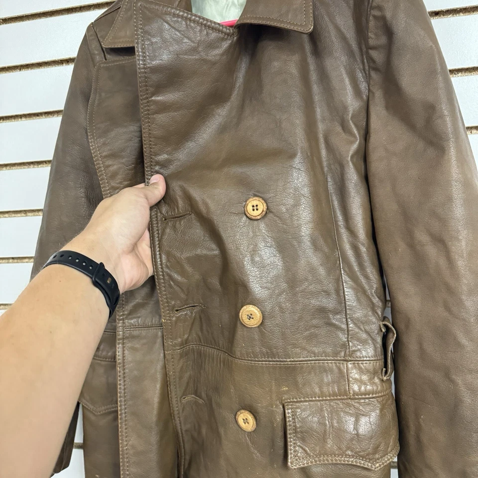 VTG 70s Lakeland Fight Club Style Leather Trench Coat Jacket Brown Size 40 - BUB - Image 2 of 4