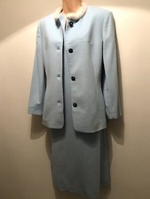 Laurel - Three Piece Light Blue Virgin Wool Shift Dress Skirt Jacket ~ Mink Trim